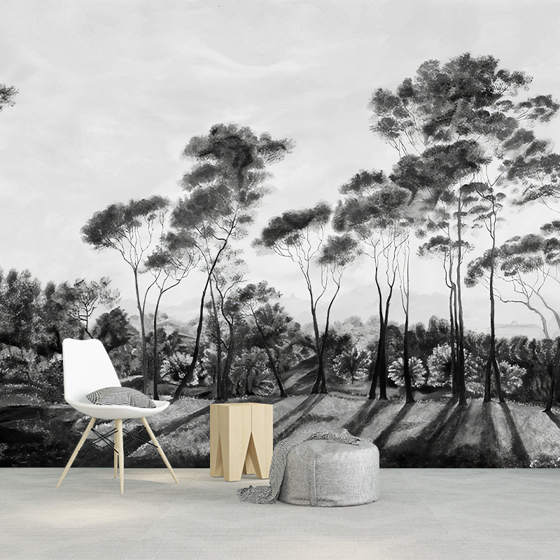 Modern Road Bush Landscape Mural Decal Black-White Stain Resistant Wall Decor for Bedroom