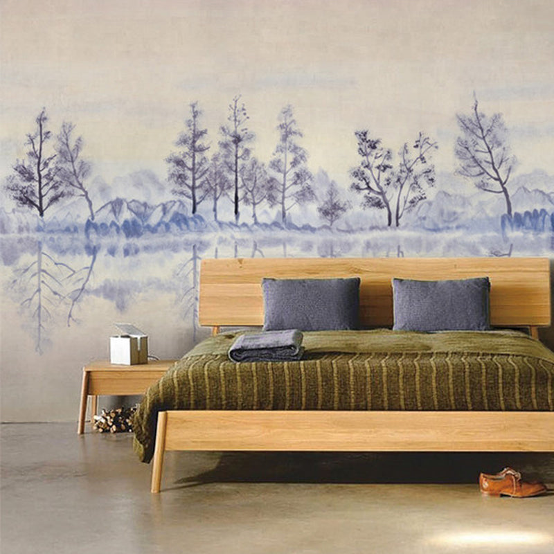 Purple-Yellow Modernist Mural Wallpaper Full Size Trees in River Bank Pattern Wall Art for Bedroom