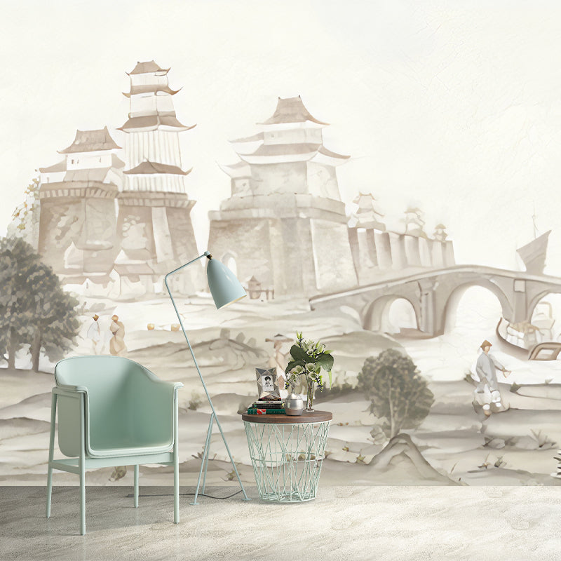 Life in Qing Dynasty Murals Pastel Color Vintage Wall Decoration for Living Room, Non-Woven