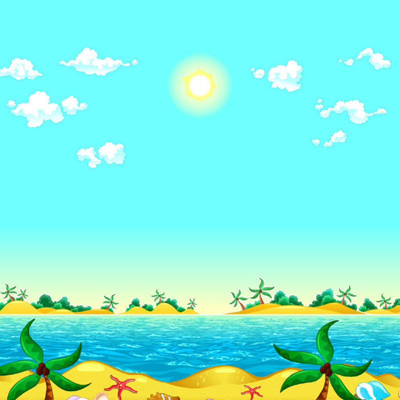 Blue and Yellow Beach Murals Wallpaper Waterproofing Cartoon Bathroom Wall Decor