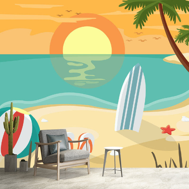 Carta da parati murale con spiaggia al tramonto, rivestimento murale decorativo in tessuto non tessuto per la camera dei bambini