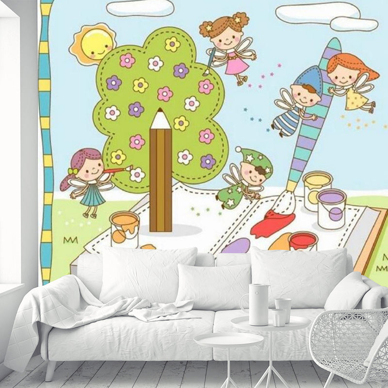 Fantasy Kids with Book Murals Wallpaper Cartoon Non-Woven Wall Art in Blue and Green