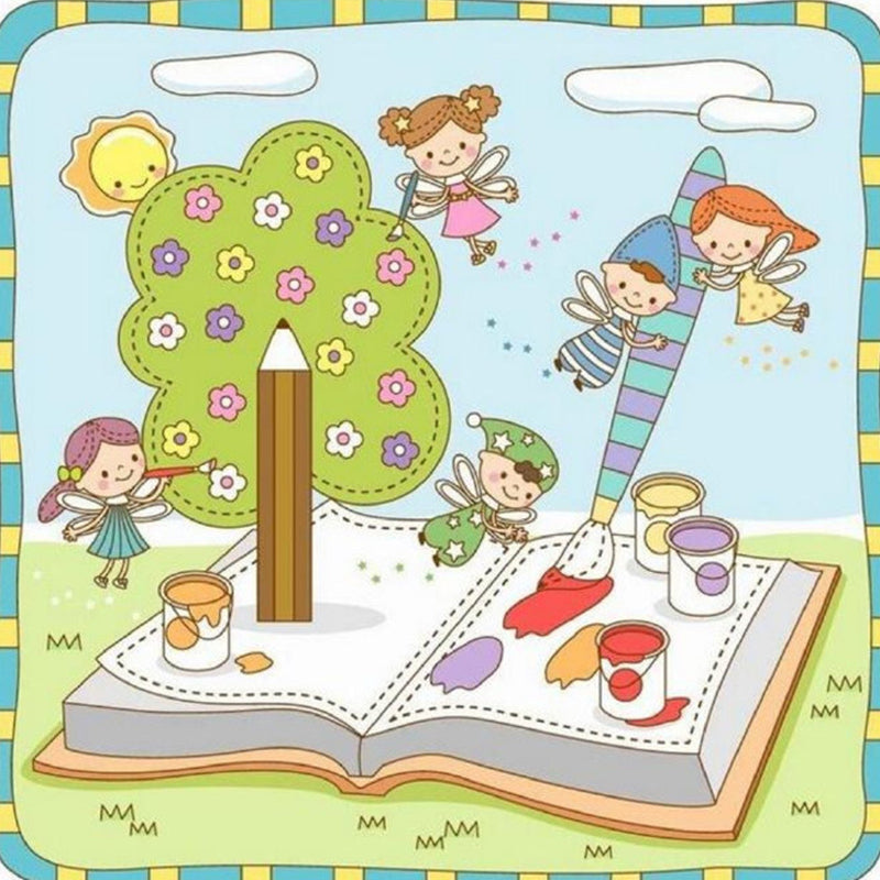 Fantasy Kids with Book Murals Wallpaper Cartoon Non-Woven Wall Art in Blue and Green
