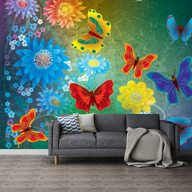 Colorful Butterfly and Florets Mural Moisture Resistant Childrens Art Bedroom Wall Covering
