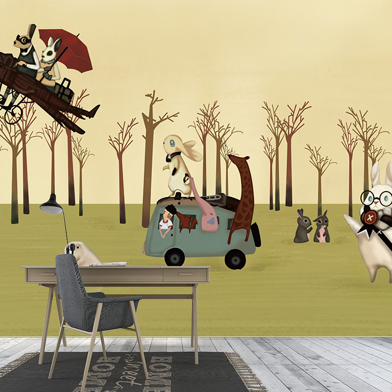 Non-Woven Decorative Mural Decal Wild Animal with Vehicles in the Forest Wall Covering