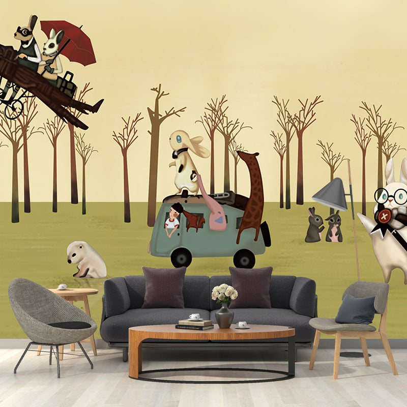 Non-Woven Decorative Mural Decal Wild Animal with Vehicles in the Forest Wall Covering