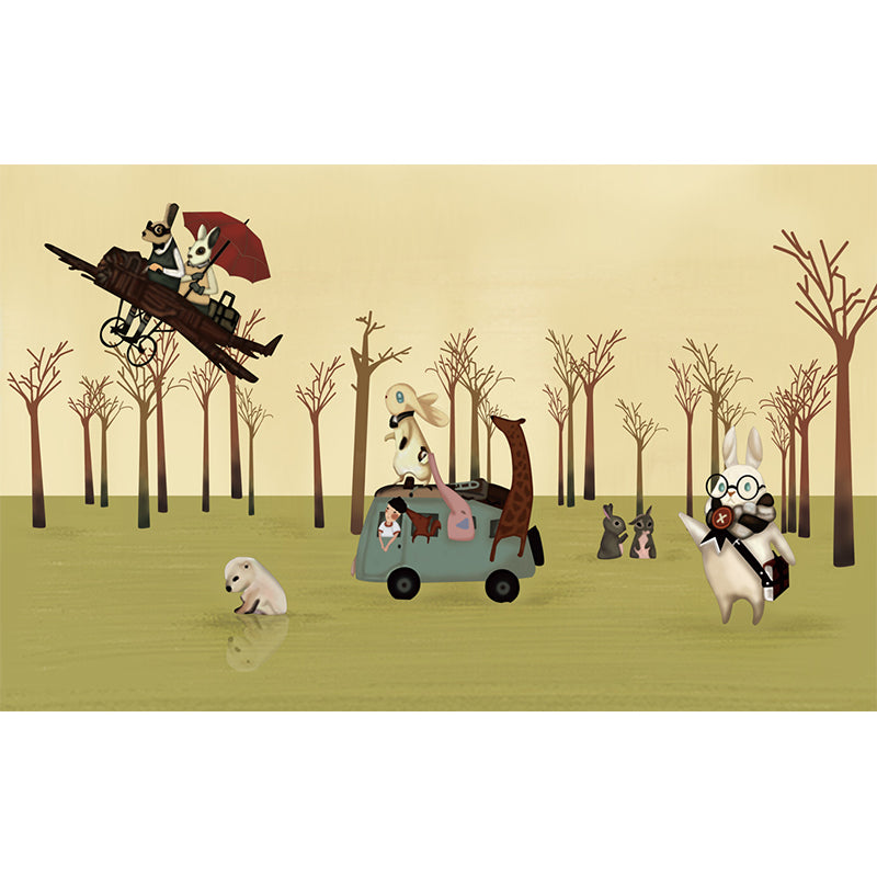 Non-Woven Decorative Mural Decal Wild Animal with Vehicles in the Forest Wall Covering