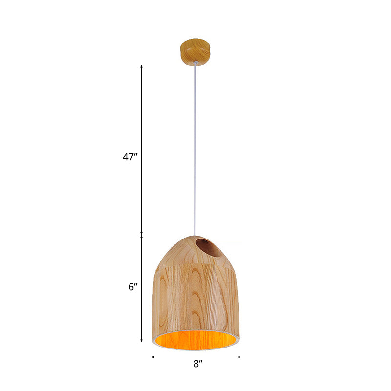 Wood Bell Drop Pendant Contemporary Japanese Style 1-Light Beige Ceiling Light with Adjustable Hanging Cord