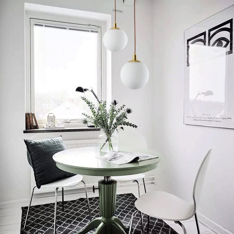 6"/8"/10" Wide Milky Glass Ball Pendant Light Post Modern Led Hanging Ceiling Lamp in Brass