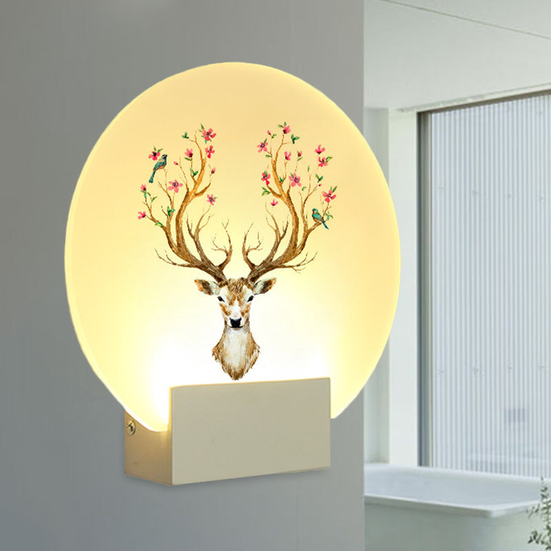 Chambre d'amis circulaire Elk Deer Mural Light acrylique LED Oriental Style Mur Wall Ayémorrat en blanc