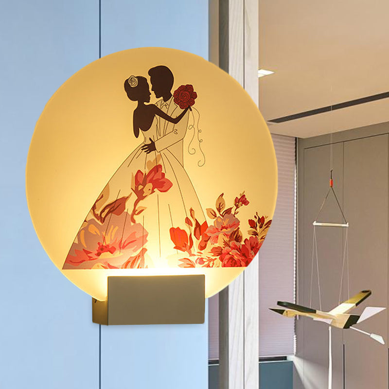 White Circular Romantic Couple Wall Lighting Asia Style LED Acrylic Wall Mural Lamp for Wedding Room