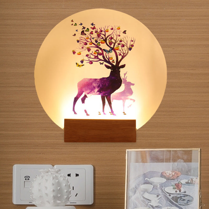 Acrylic Circular Elk Patterned Wall Light Fixture Chinese Style LED Wood Mural Lamp for Bedroom