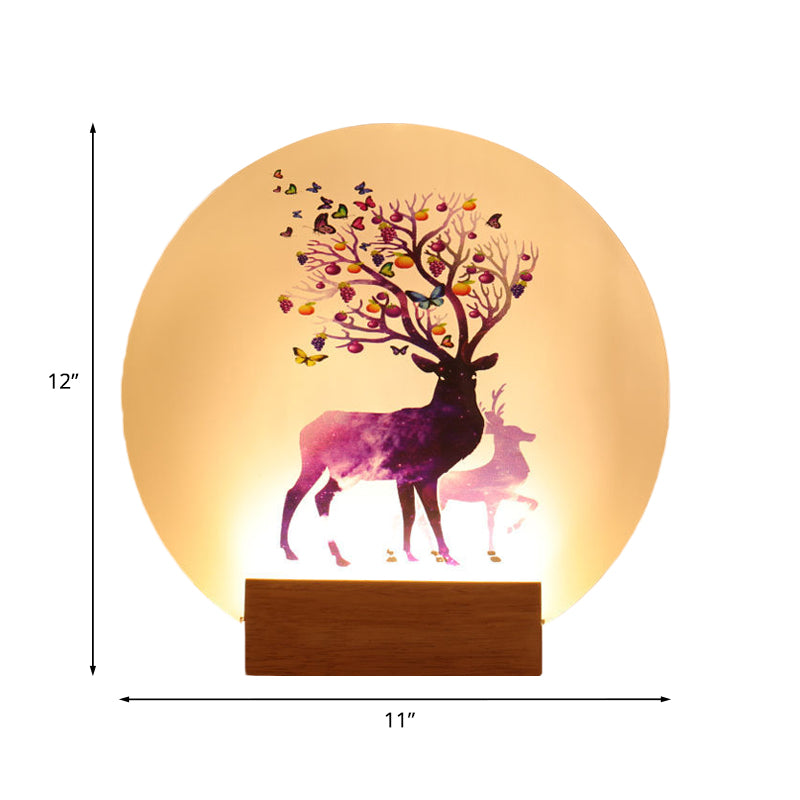 Acrylic Circular Elk Patterned Wall Light Fixture Chinese Style LED Wood Mural Lamp for Bedroom
