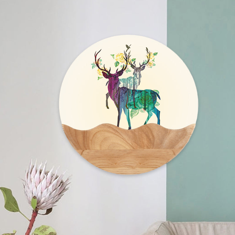 Oriental Circular Acrylic Wall Mount Light LED Mural Light in Wood with Elk Deer Pattern
