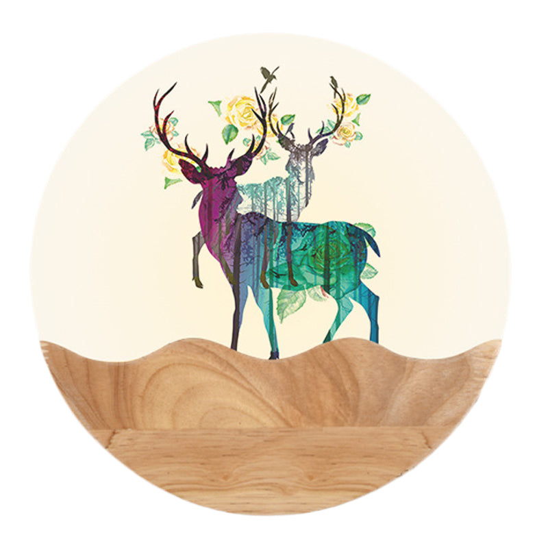 Oriental Circular Acrylic Wall Mount Light LED Mural Light in Wood with Elk Deer Pattern