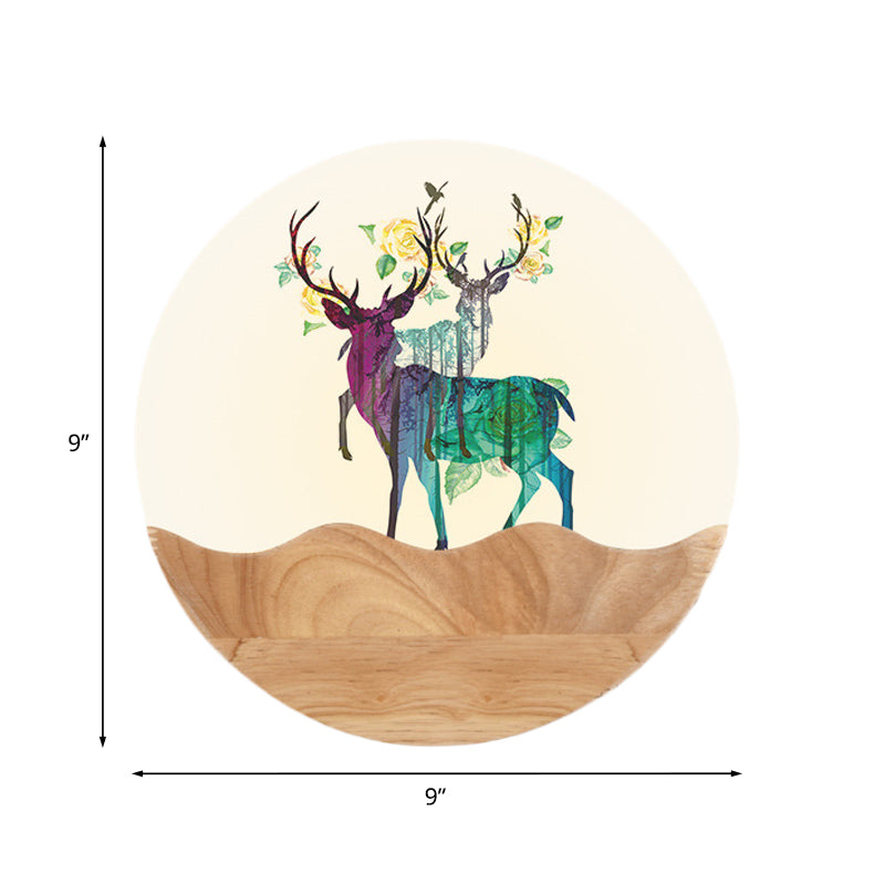 Oriental Circular Acrylic Wall Mount Light LED Mural Light in Wood with Elk Deer Pattern