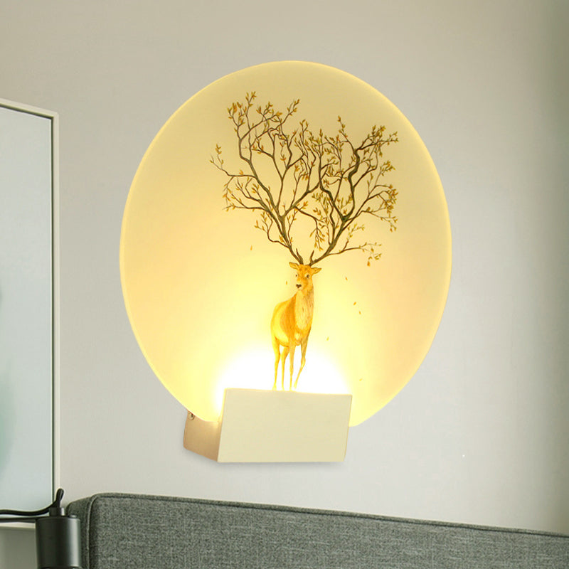 Circular Living Room Elk Wall Lamp Acrylic LED Chinese Style Wall Mural Light in White