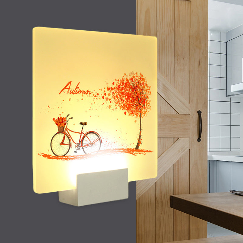 Square Autumn Tree and Bicycle Mural Lamp Chinese Acrylic LED White Wall Mounted Lighting