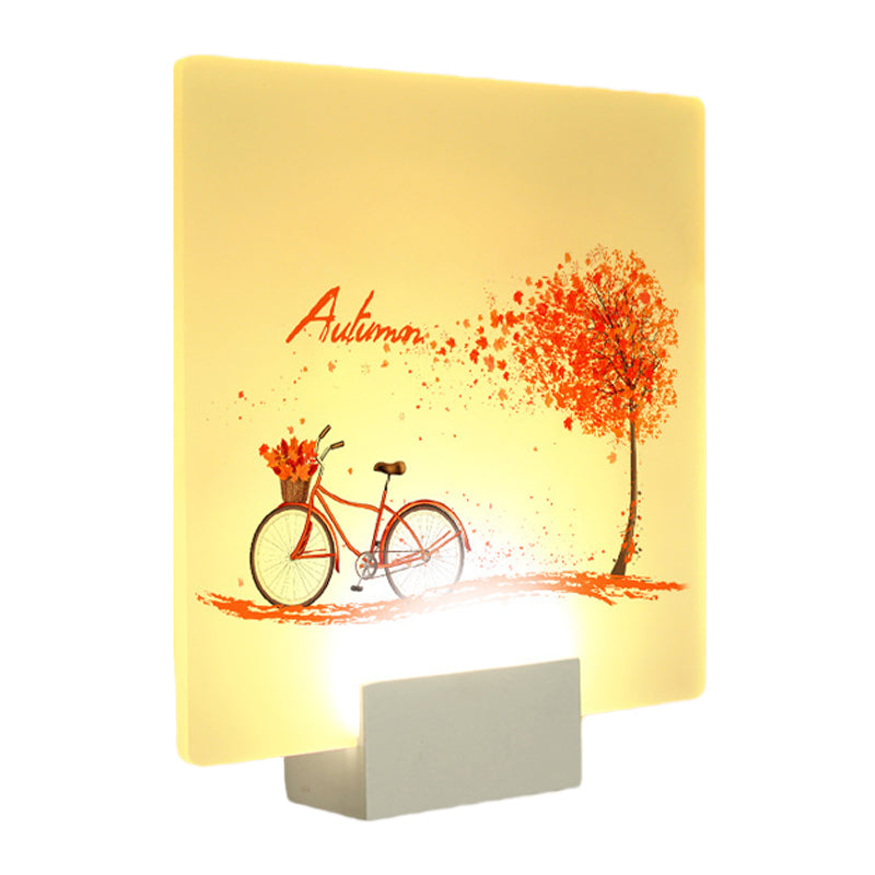 Square Autumn Tree and Bicycle Mural Lamp Chinese Acrylic LED White Wall Mounted Lighting