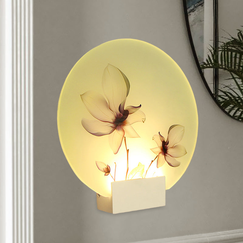 Oriental Style Circular Acrylic Wall Lighting LED Blossoms Mural Lamp in White for Corridor