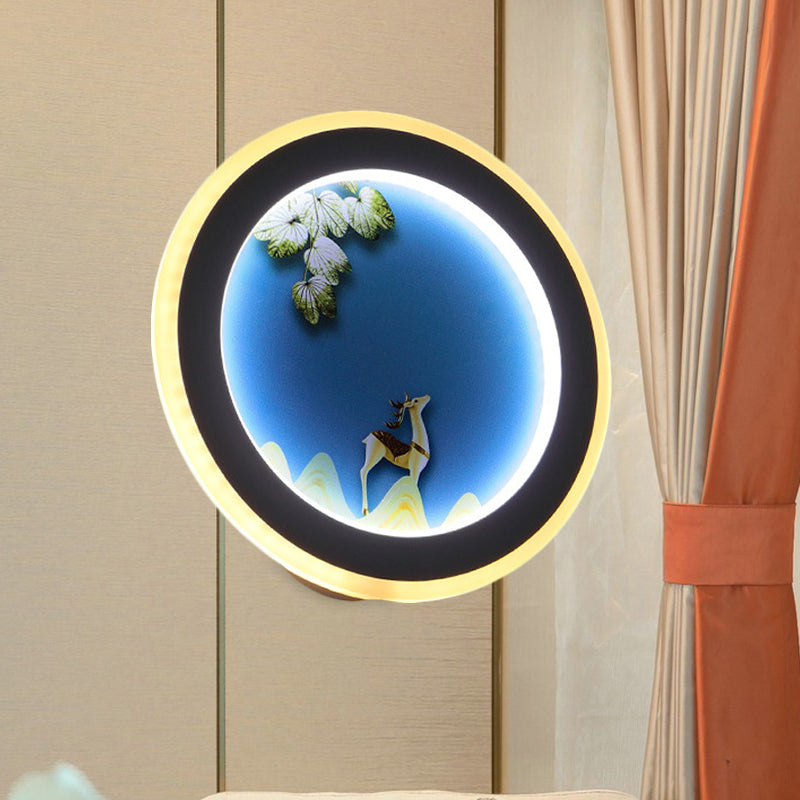Blue/Yellow Rounded Wall Mounted Lighting Nordic Style LED Acrylic Wall Mural Light with Elk Deer Design
