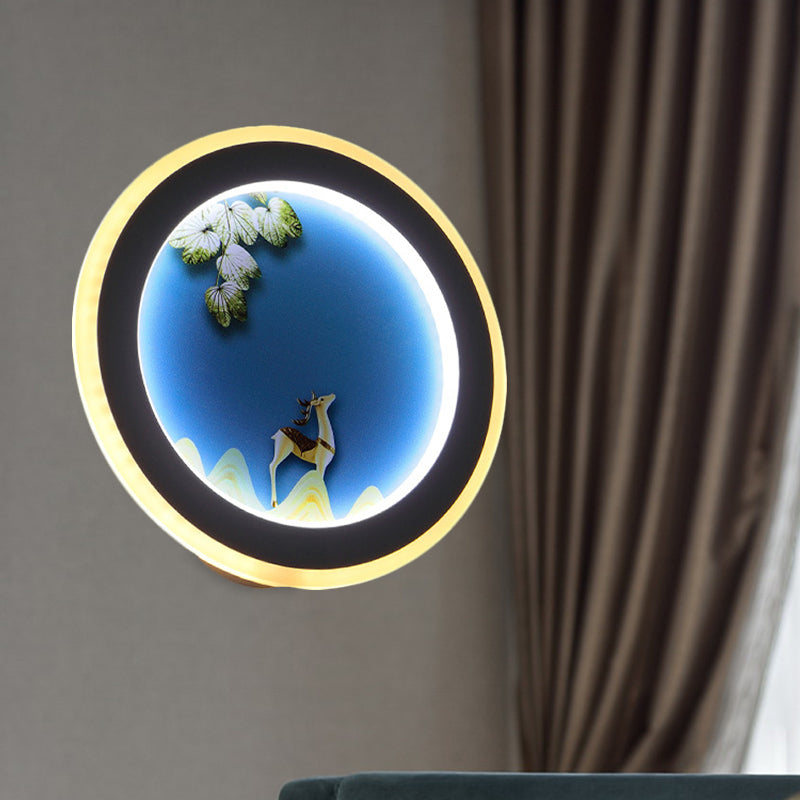 Blue/Yellow Rounded Wall Mounted Lighting Nordic Style LED Acrylic Wall Mural Light with Elk Deer Design