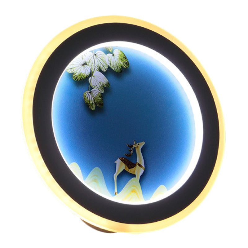 Blue/Yellow Rounded Wall Mounted Lighting Nordic Style LED Acrylic Wall Mural Light with Elk Deer Design