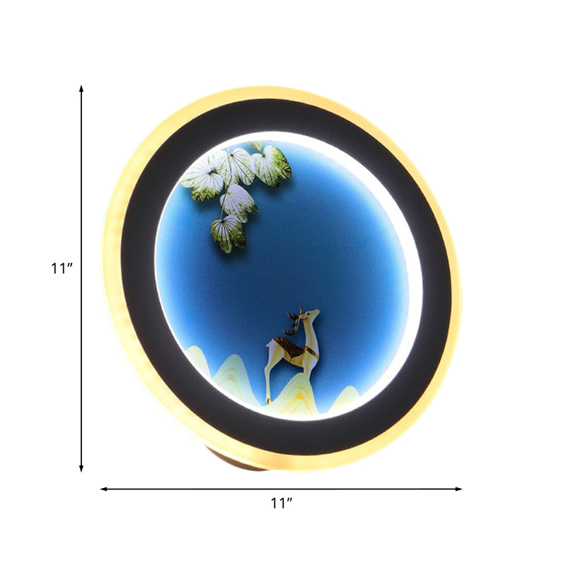 Blue/Yellow Rounded Wall Mounted Lighting Nordic Style LED Acrylic Wall Mural Light with Elk Deer Design