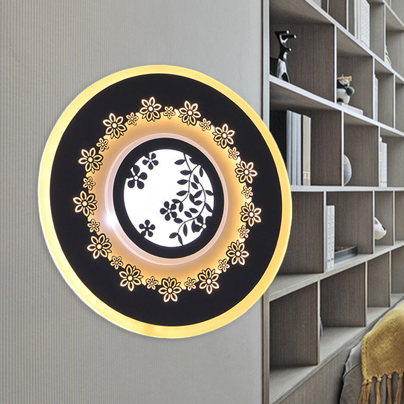 Rounded Corridor Wall Mount Light Fixture Acrylic LED Simple Wall Mural Lamp in Black with Feather/Blossom Pattern