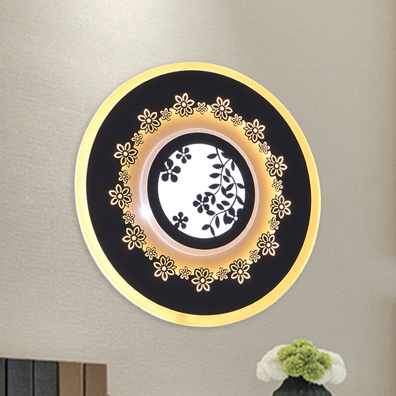 Rounded Corridor Wall Mount Light Fixture Acrylic LED Simple Wall Mural Lamp in Black with Feather/Blossom Pattern