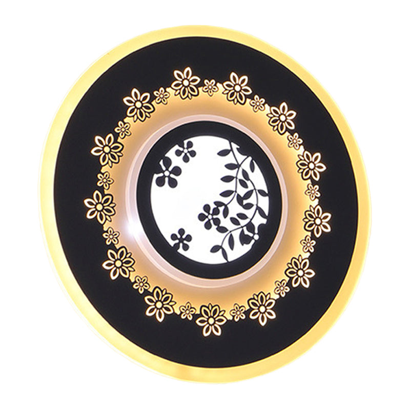 Rounded Corridor Wall Mount Light Fixture Acrylic LED Simple Wall Mural Lamp in Black with Feather/Blossom Pattern