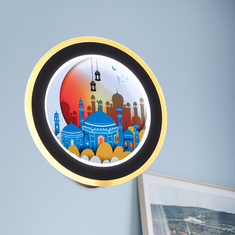 Murle circulaire rose / bleu Light Light Asie Style Idea d'éclairage mural acrylique avec motif de cerf / château