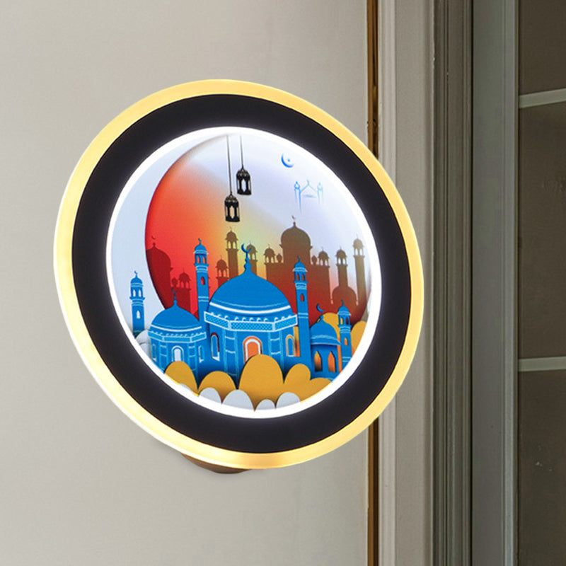 Pink/Blue Circular Wall Mural Light Asia Style LED Acrylic Wall Lighting Idea with Deer/Castle Pattern