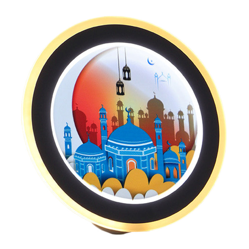 Murle circulaire rose / bleu Light Light Asie Style Idea d'éclairage mural acrylique avec motif de cerf / château