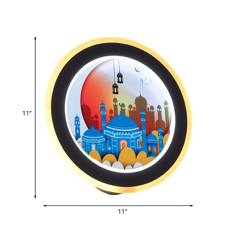 Pink/Blue Circular Wall Mural Light Asia Style LED Acrylic Wall Lighting Idea with Deer/Castle Pattern