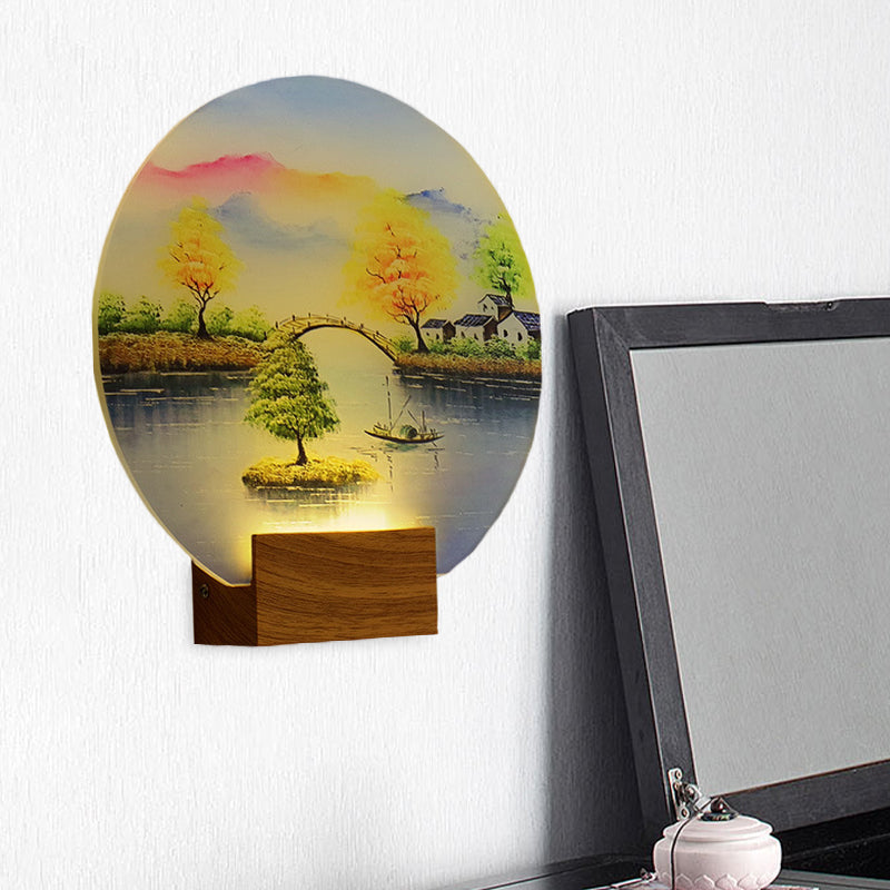 Simplicity Style LED Mural Light Acrylic Wood Circular Wall Lighting Fixture with Bridge and Water Design