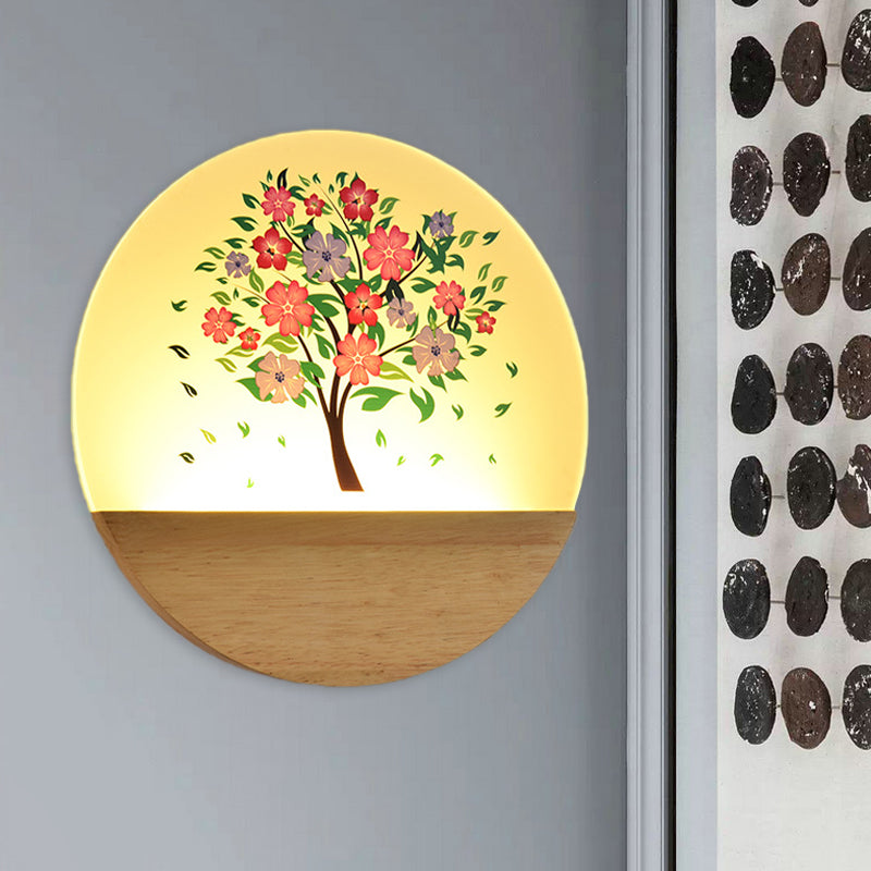 Nordic Style Round Tree Mural Lamp Acrylic LED Guest Room Wall Mounted Light Fixture in Wood