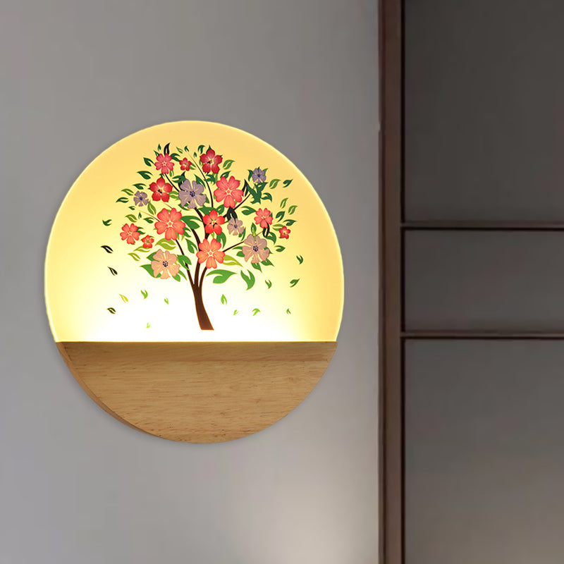 Nordic Style Round Tree Mural Lamp Acrylic LED Guest Room Wall Mounted Light Fixture in Wood