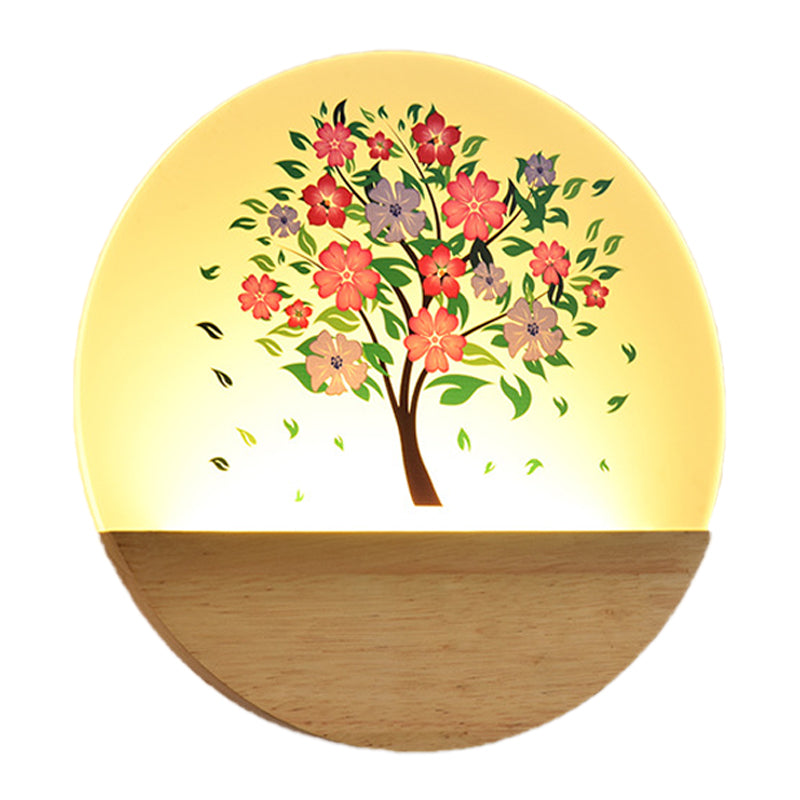 Nordic Style Round Tree Mural Lamp Acrylic LED Guest Room Wall Mounted Light Fixture in Wood