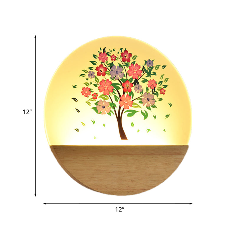 Nordic Style Round Tree Mural Lamp Acrylic LED Guest Room Wall Mounted Light Fixture in Wood