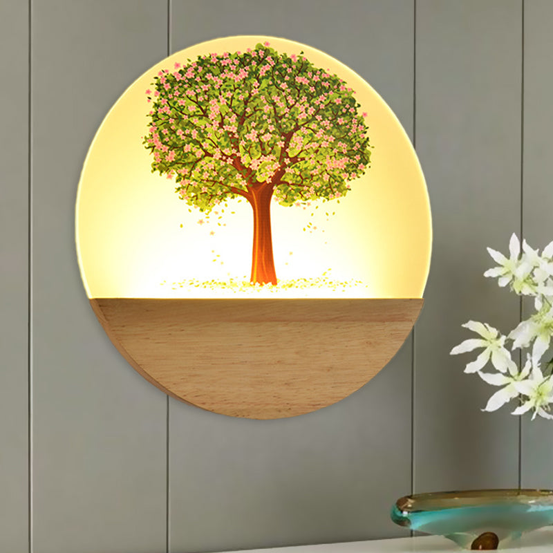 Nordic Style Round Tree Mural Lamp Acrylic LED Guest Room Wall Mounted Light Fixture in Wood