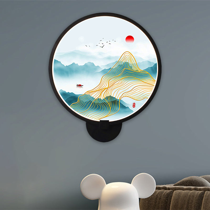 Vue naturelle circulaire lampe murale chinoise LED Mur noir peinture murale pour chambre à coucher