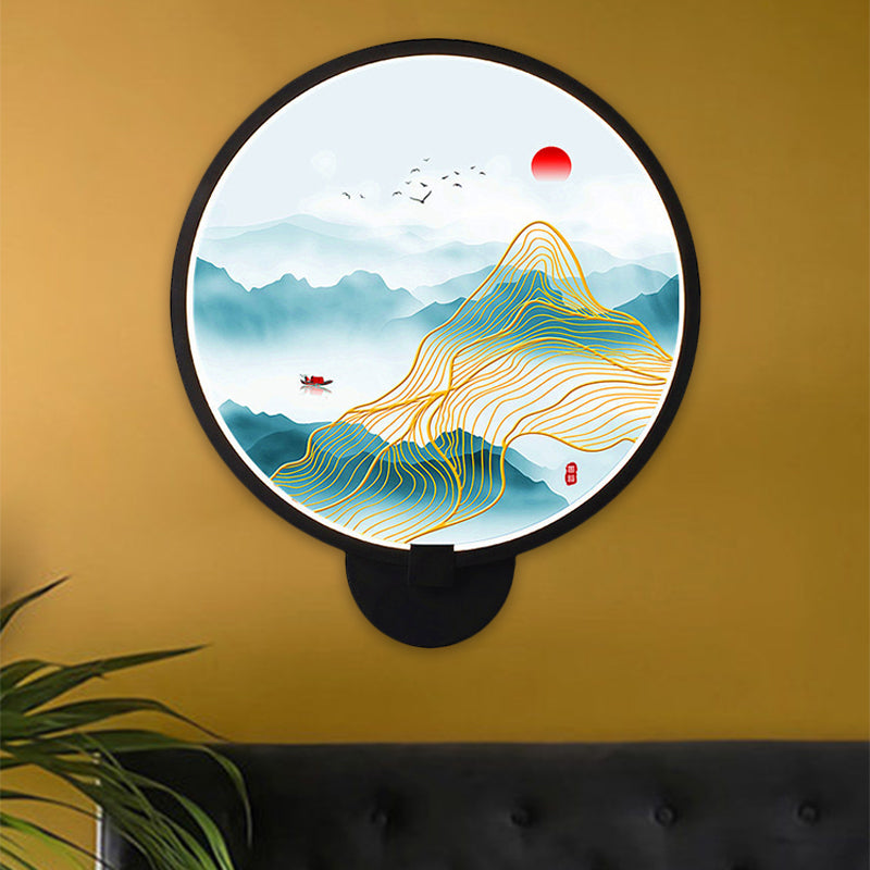 Circular Natural View Wall Lamp Chinese Metal LED Black Wall Mural Light for Bedroom