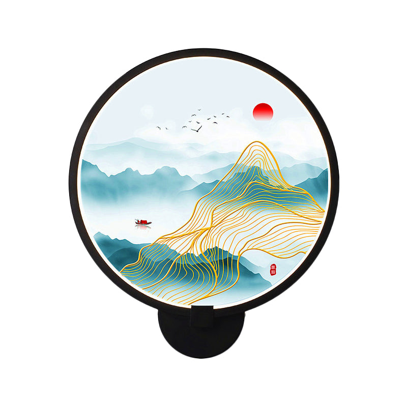 Circular Natural View Wall Lamp Chinese Metal LED Black Wall Mural Light for Bedroom