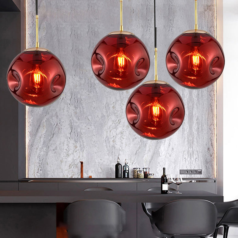 Pendre de style moderne 1 Bulbe Lumière avec une teinte en verre concave Silver / Red Global Hanging Lightture pour le restaurant
