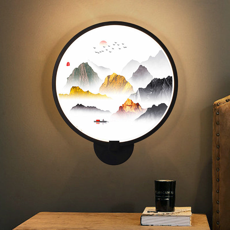 Vue naturelle circulaire lampe murale chinoise LED Mur noir peinture murale pour chambre à coucher