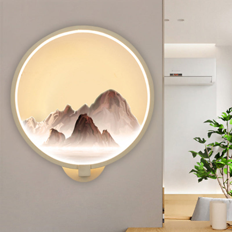 Oriental Style LED Wall Mural Lamp Metal White Circular Shaped Wall Lighting Idea with Mountain Pattern