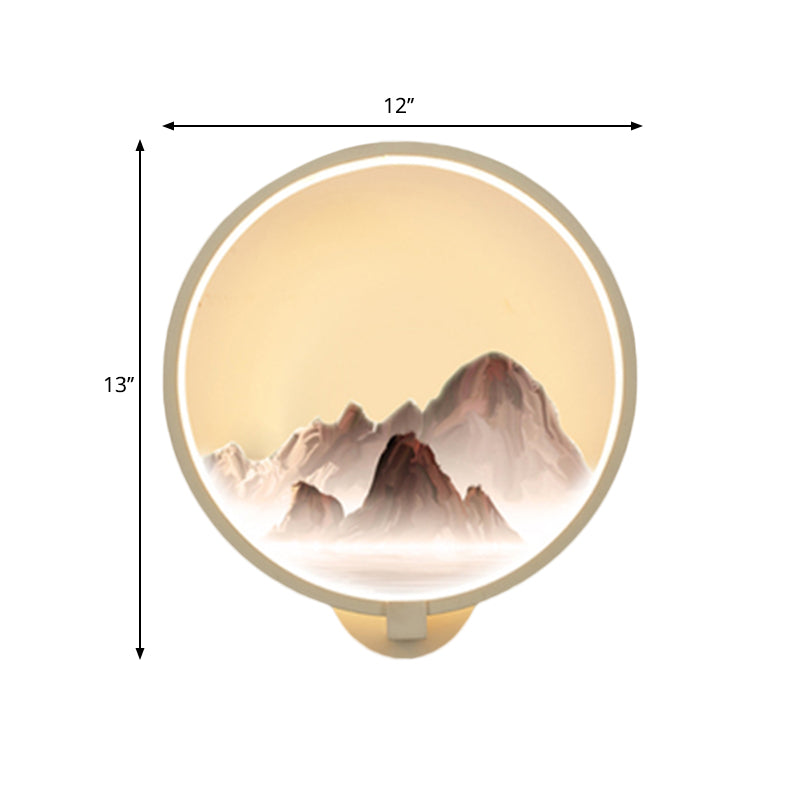 Oriental Style LED Wall Mural Lamp Metal White Circular Shaped Wall Lighting Idea with Mountain Pattern