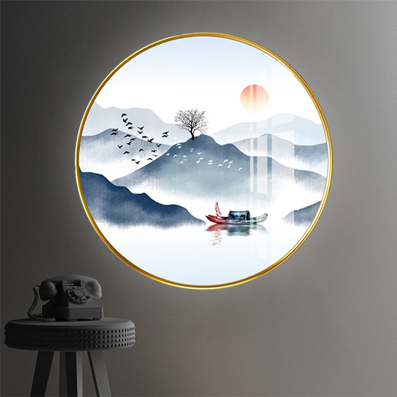 Fabric Round Wall Lighting Fixture Chinese Style LED Mountain Wall Mural Light in Gold