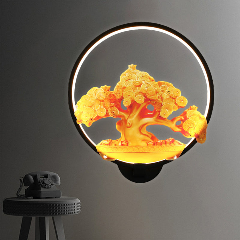 Circulaire Automne Tree Mattered Mural Light Oriental Metal LED Halway Murd Murd Murd Aymat en blanc / noir pour le côté droit / gauche